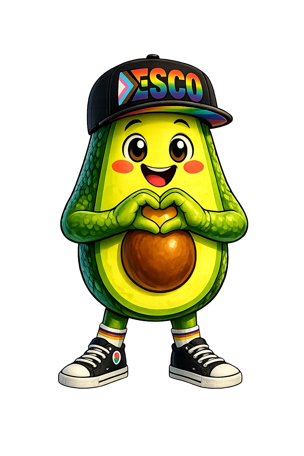 Avi, the Esco Pride avocado mascot, wearing a black ESCO hat in Progress Pride colors